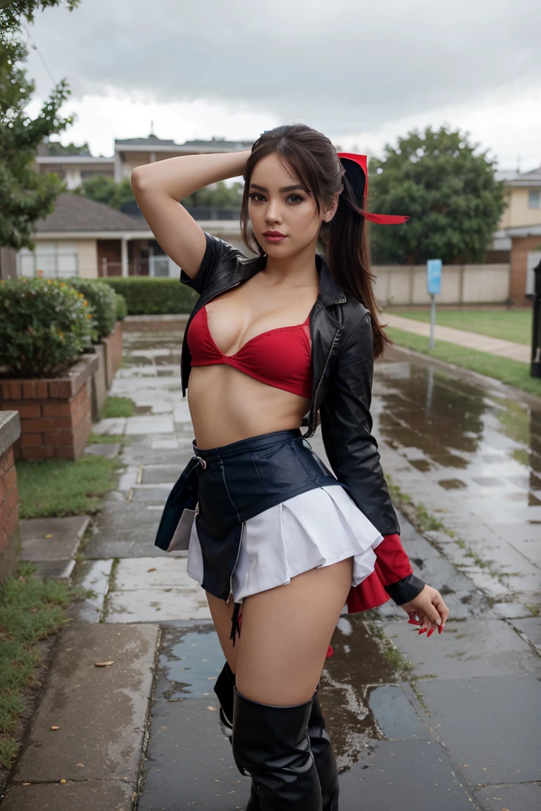 by rubio, small breasts, wink, blue sky, eyeshadow, eyeliner, lipstick, red miniskirt, happiness, rainy, Horse tail, ribbon, negro, high heels, Boots, anime
