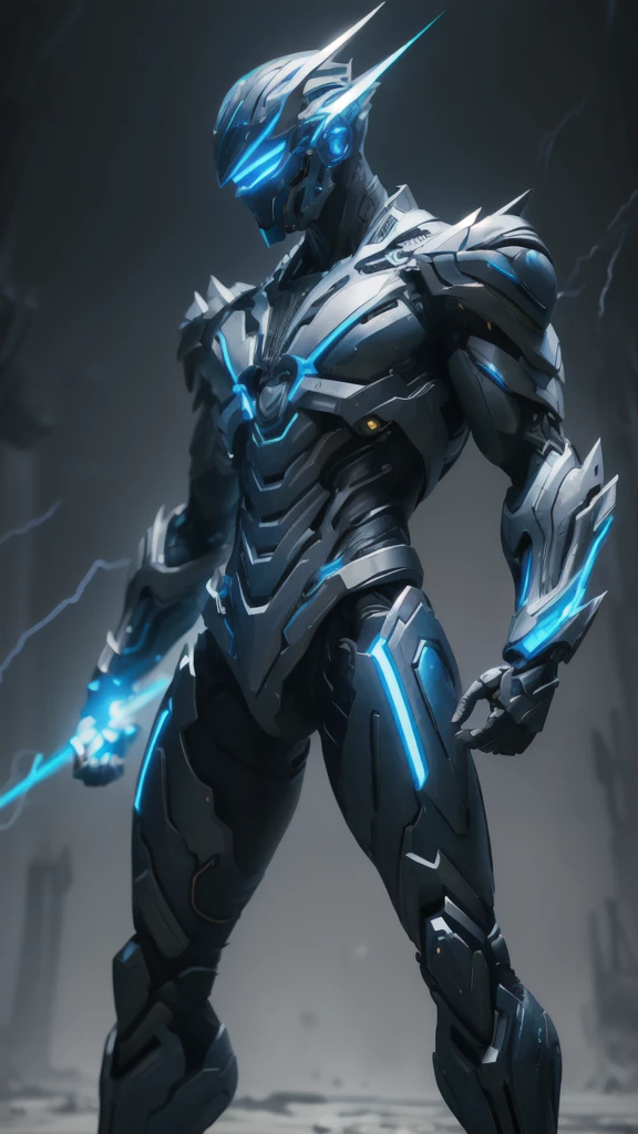 real、Lightning aura、Lightning Energy、Fighting Pose、Blue Hair、cyber punk、Thunder in the background、whole body、Lightning costume、Fighting face、High quality, Ultra detailed, best quality, insanely detailed, beautiful, masterpiece