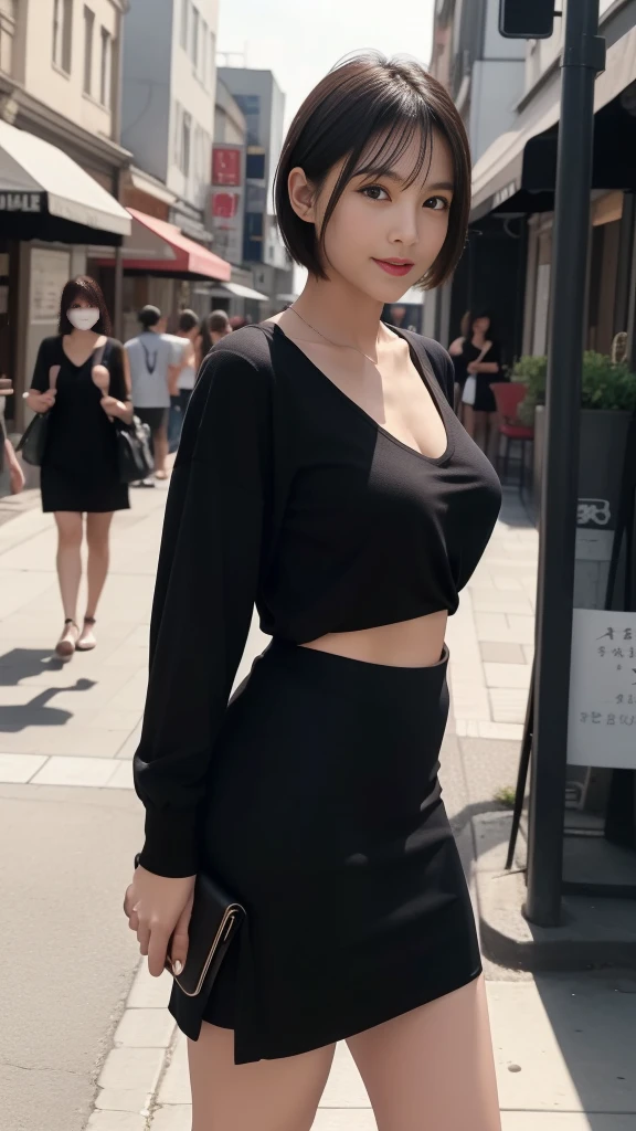 ((masterpiece))、((best quality))、photo、Reality、High level of image quality、Very detailed、Married woman、40 years old、（Full body）、Beautiful、short hair、Reality的背景和配件、Full breasts、Sexy smile、Street corner、Strolling around town，Look straight ahead、Tight knit skirt、Black deep V-neck shirt、Deep Shadows、Wide Angle、night、