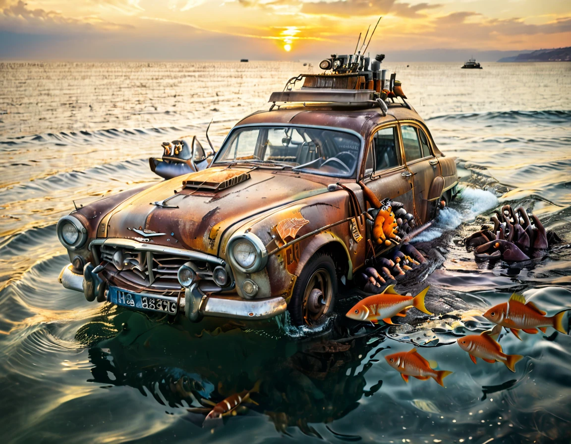 Voiture sous l'eau, rouille, recouvert par des alges, au fond de la mer, voiture des années 50, avec des poissons qui nagent autour. L'image est net et en haute resolutions.[Voiture] [sous l'eau] [rouillée] [mer] [poisson] [algue]