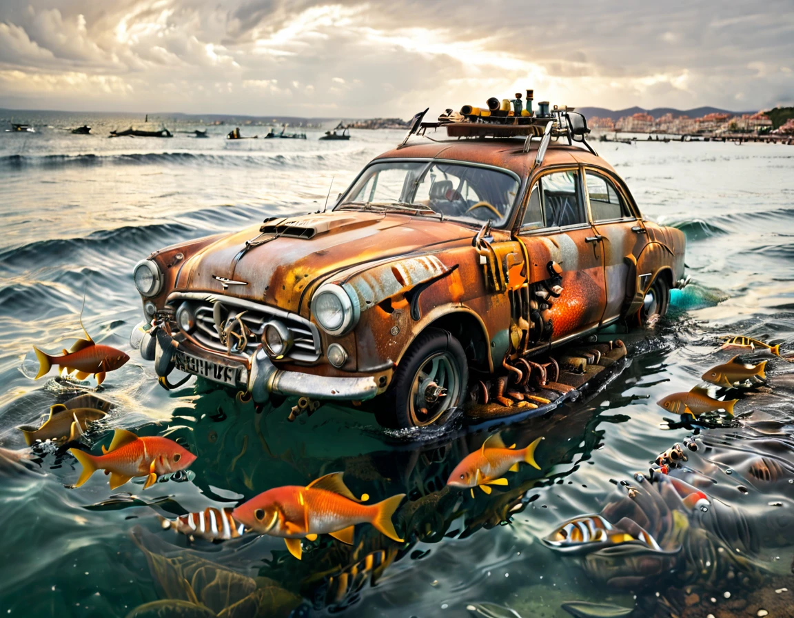 Voiture sous l'eau, rouille, recouvert par des alges, au fond de la mer, voiture des années 50, avec des poissons qui nagent autour. L'image est net et en haute resolutions.[Voiture] [sous l'eau] [rouillée] [mer] [poisson] [algue]