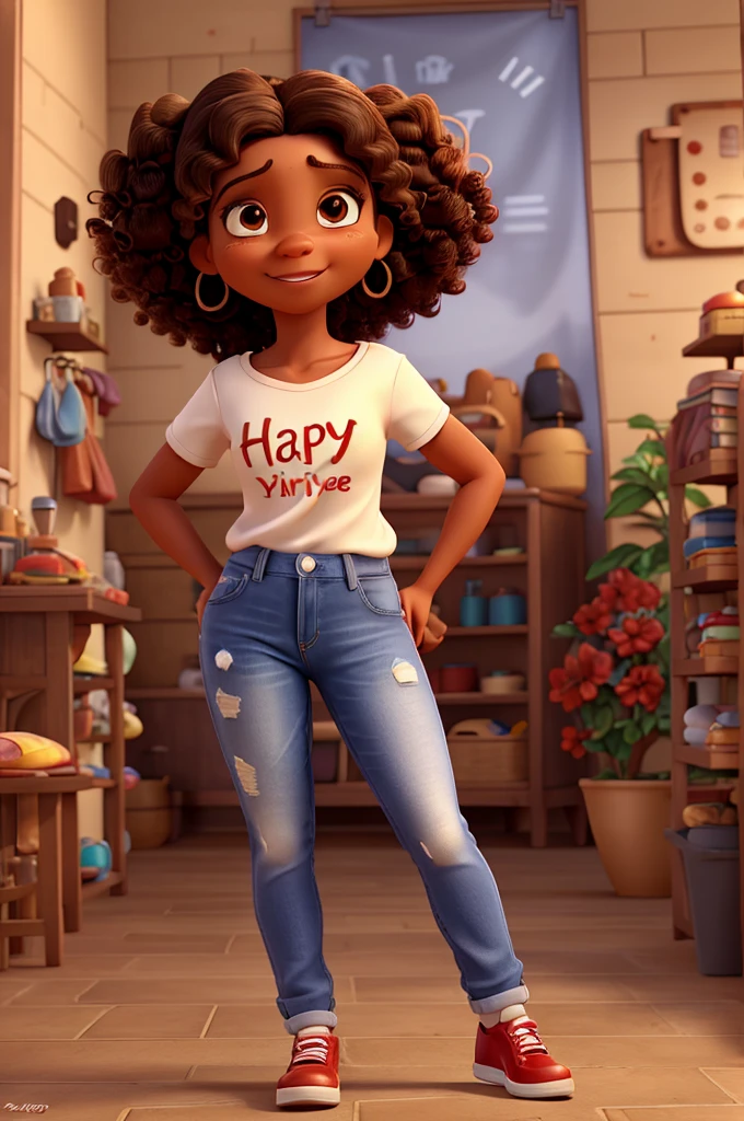 disney pixar style, 3d realistic photo, 40 year old woman, light brown skin, curly dark brown shoulder length hair, black eyes, happy facial expression, with white shirt written in red "Rizan Store", jeans and red shoes