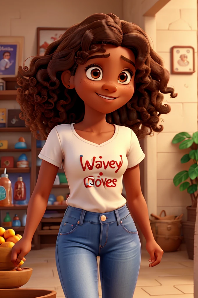 disney pixar style, 3d realistic photo, 40 year old woman, light brown skin, curly dark brown shoulder length hair, black eyes, happy facial expression, with white shirt written in red "Rizan Store", jeans and red shoes