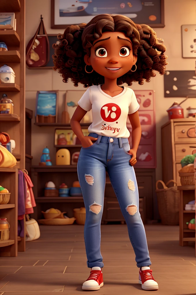 disney pixar style, 3d realistic photo, 40 year old woman, light brown skin, curly dark brown shoulder length hair, black eyes, happy facial expression, with white shirt written in red "Rizan Store", jeans and red shoes