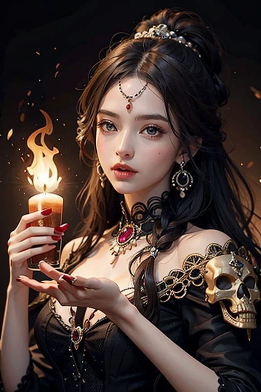 Golden Cup ((skull shape) rubies in eye sockets) filled with precious stones, fire lighting, The brilliance of diamonds, Ultra detailed, macro photography, masterpiece, Photorealistic, high quality, A high resolution, 16K