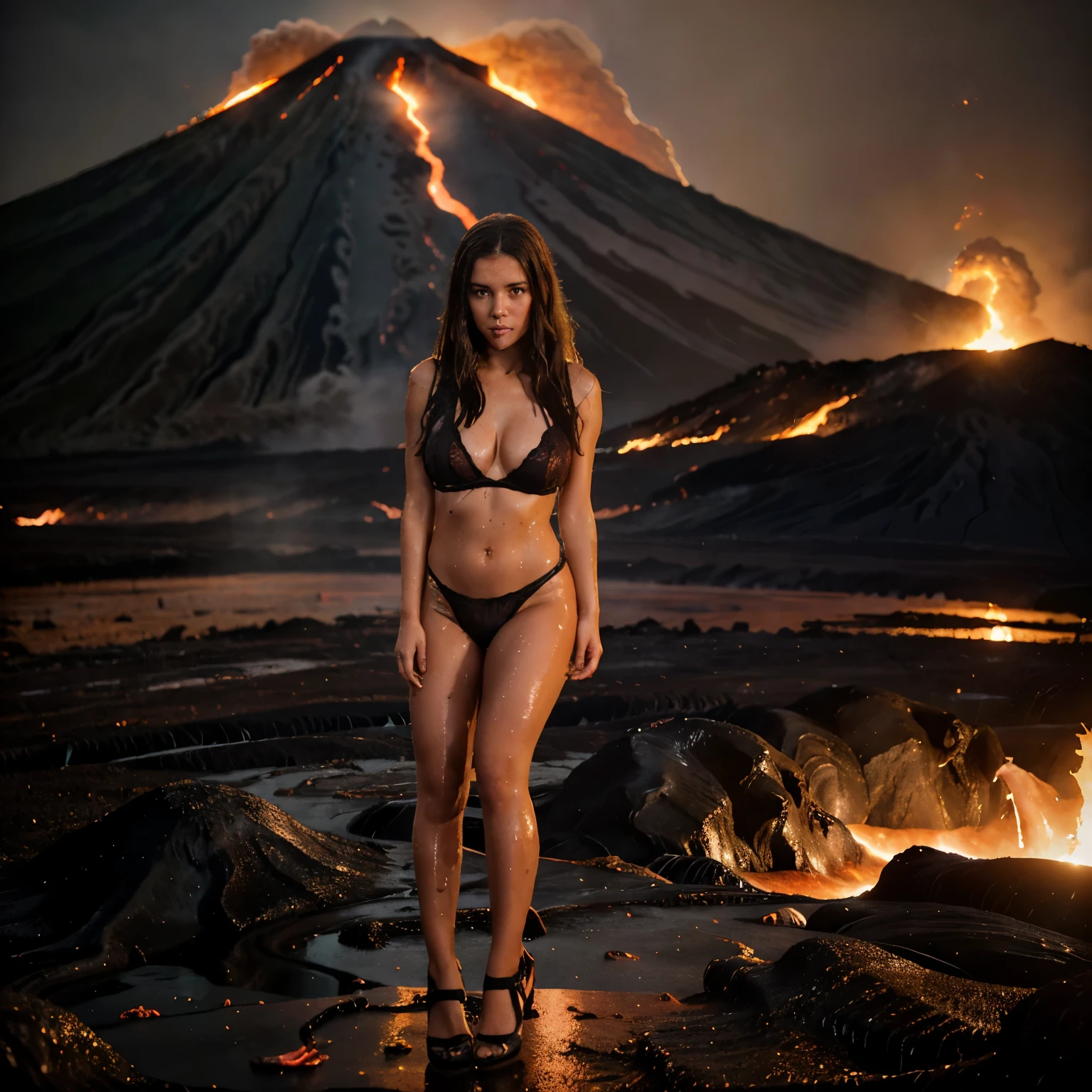 A young girl of normal build with wet brown hair and medium breasts is very sweaty and wet, drops of sweat on her body, dressed boudoir lingerie, standing on red-hot lava against the background of an erupting volcano, dark sky in smoke, flames from the ground, shoes are visible