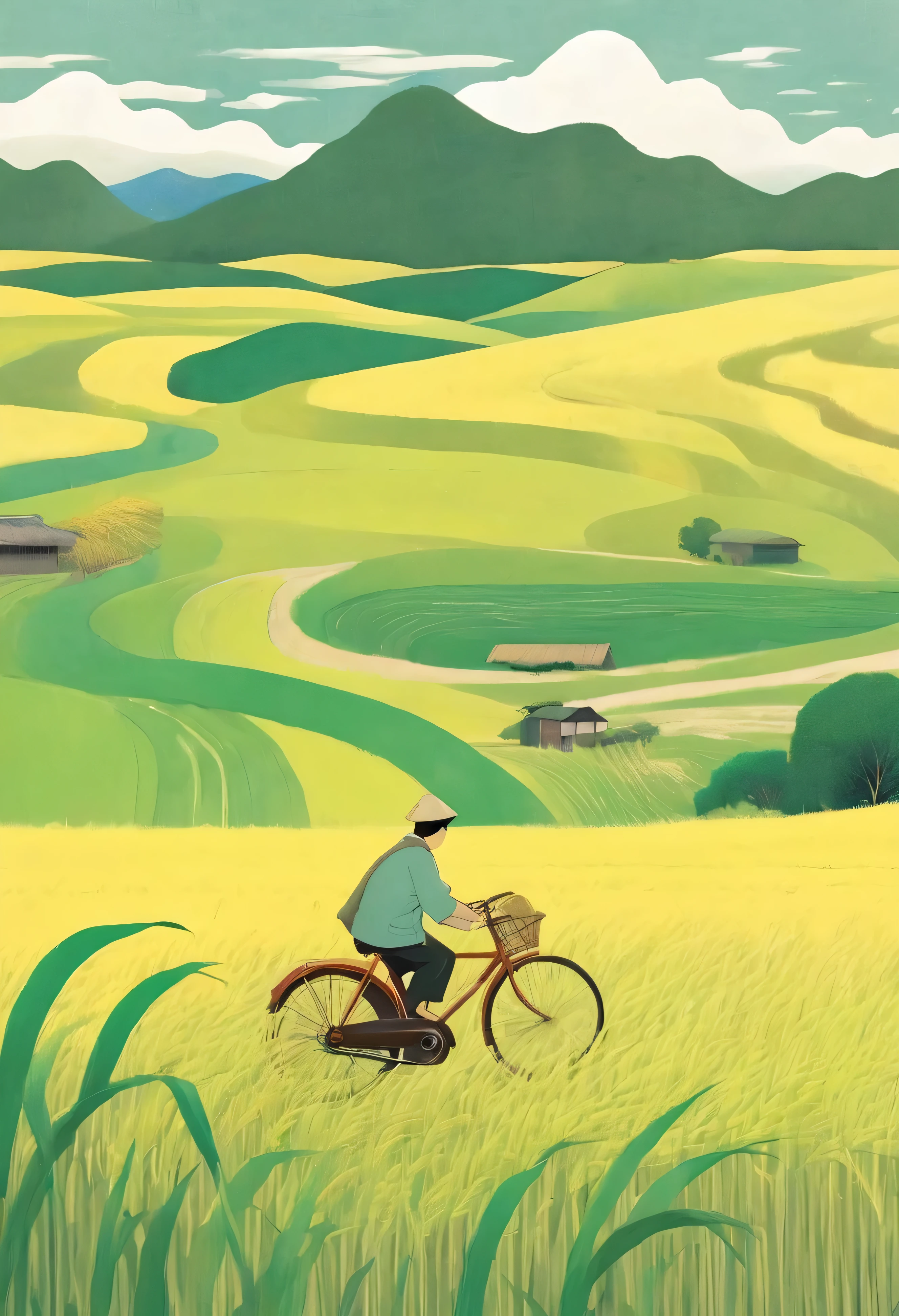 A beautiful illustration, Endless rice fields, half yellow half green, a boy riding a bicycle, Will Barnett (Will Barnet) modeling, Attached are 50D movie stills, Idyllic, Rural, panoramic,