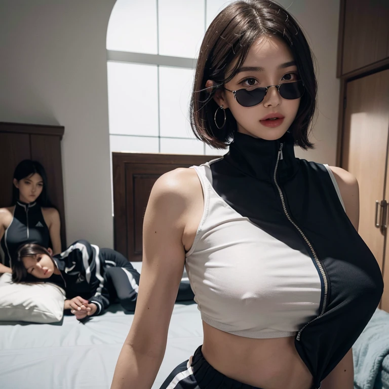 absurdres, RAW photo, extremely delicate and beautiful, masterpiece, Best Quality, ultra high resolution, 16k, hyperrealistic, ultra-detailed, perfect anatomy, super Detailed skin, perfect figure, Very detailed CG 8k wallpaper, in her 20s, very Slim body, narrow waist, very small head, very small face, delicate facial features, tearful mole, mole on chest, earring, thin legs, (very huge round breasts), midriff, sleeveless, (full body shot), (((3 girls))), short medium hair, ((track suit)), yuri,