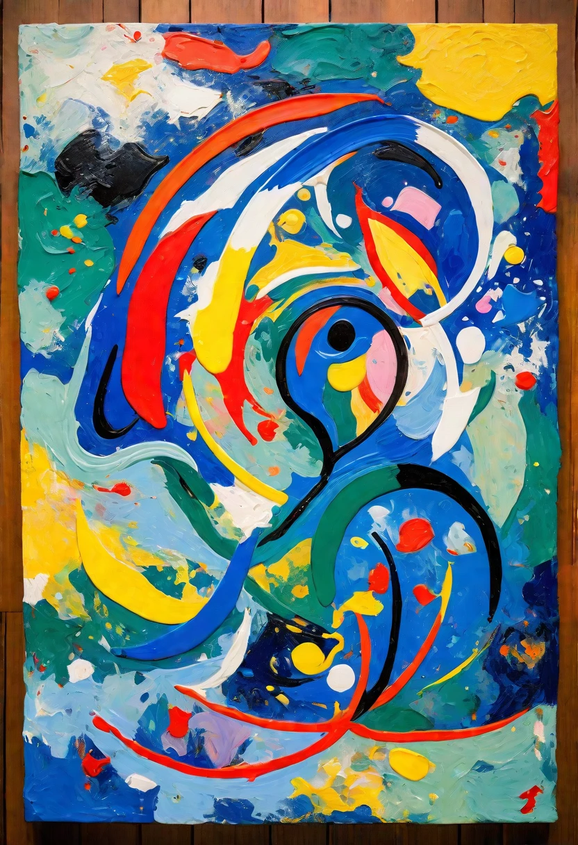 A colorful abstract painting,Hoffmann style，Matisse style，Steiner style、Miró style，Mondrian style，Cézanne style，Pollock style，Twombly style，Van Gogh style，Chu Teh-Chun Style，Mixing these styles to create an abstract ,High Saturation，Vivid colors，With a strong sense of space，Contains complex patterns，A work with multiple curves