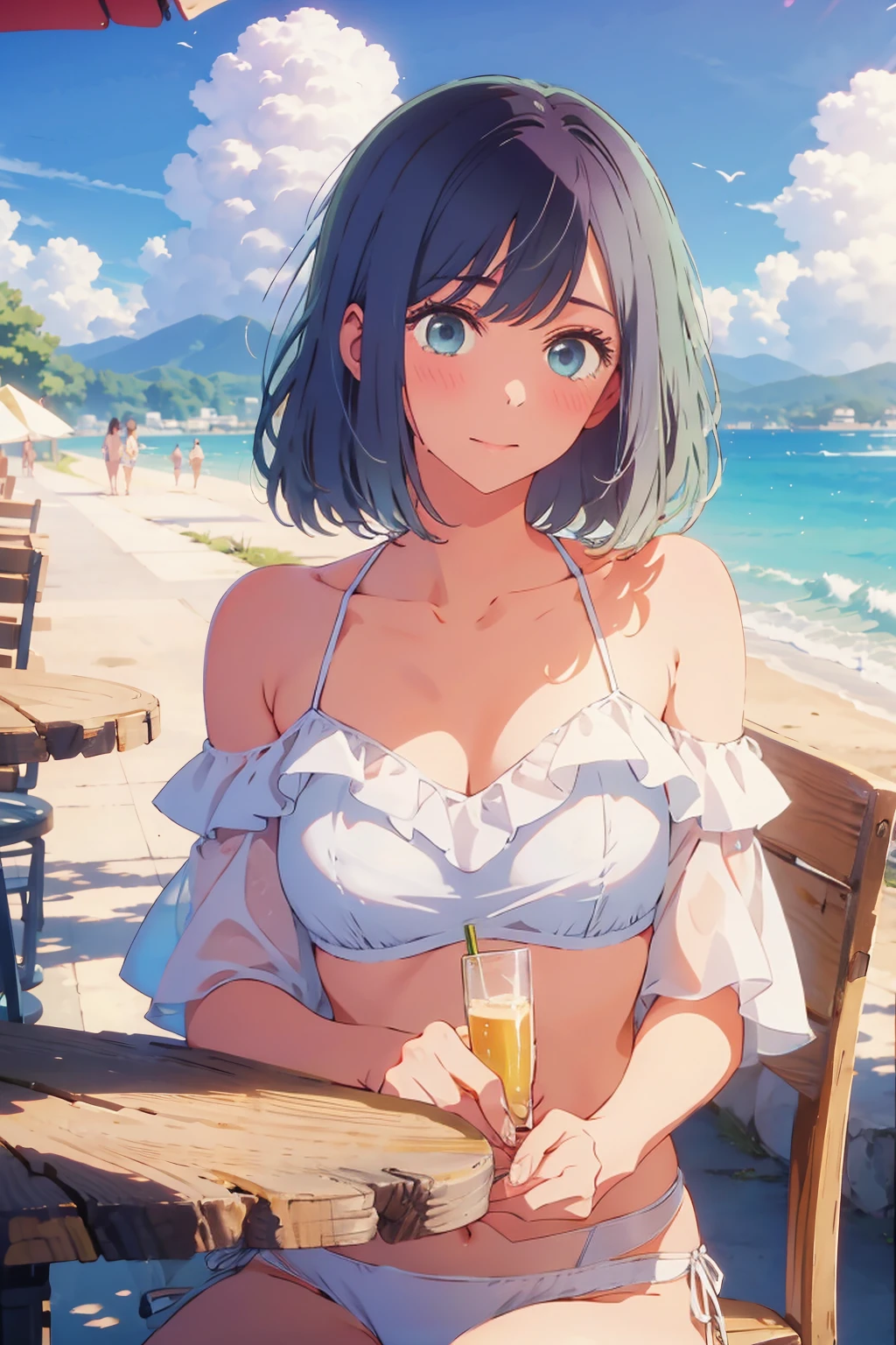 (Highest quality:1.4、8K:1.4、detailed)、F cup bust、Big Breasts、Slim body、Very white beautiful skin、((((1 person、Surprised expression、sit、Chair、In the background are the urban buildings of Tokyo、looking at the camera、Outdoor café terrace、coastal、Navy hair color、juice、Shooting up close、table、Very cute face))))、(Off-shoulder white bikini:1.4)、Very blue sky、A completely cloudless sky