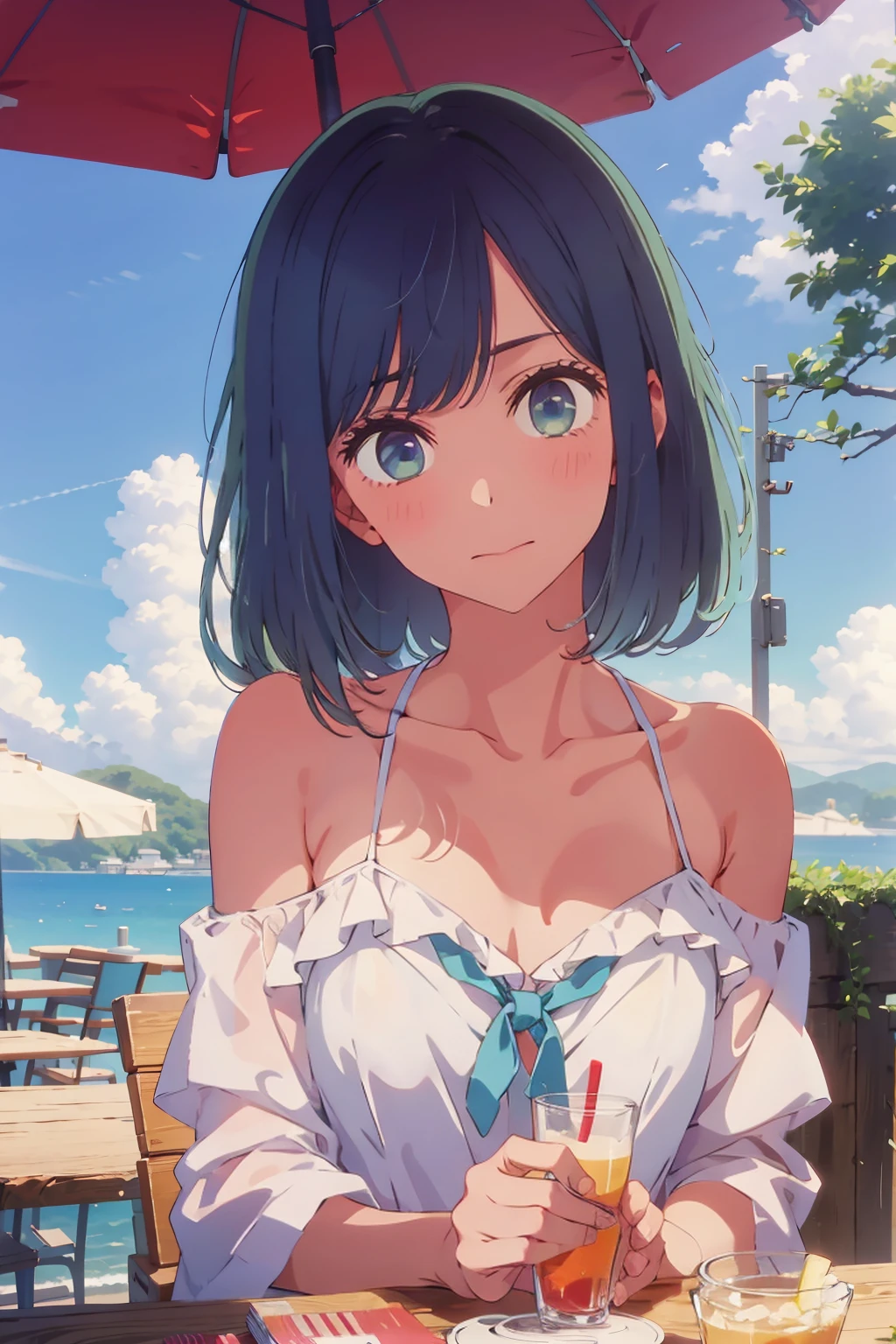 (Highest quality:1.4、8K:1.4、detailed)、F cup bust、Big Breasts、Slim body、Very white beautiful skin、((((1 person、Surprised expression、sit、Chair、In the background are the urban buildings of Tokyo、looking at the camera、Outdoor café terrace、coastal、Navy hair color、juice、Shooting up close、table、Very cute face))))、(Off-shoulder white bikini:1.4)、Very blue sky、A completely cloudless sky