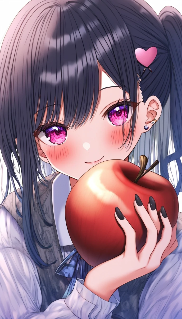 スコア_9, スコア_8_上, スコア_7_上, スコア_6_上,a picture of anime boy with long black ponytail holding an apple, 1girl, solo, hair ornament, long hair, white background, black nails, blush, looking at viewer, simple background, long sleeves, upper body, nail polish, bangs