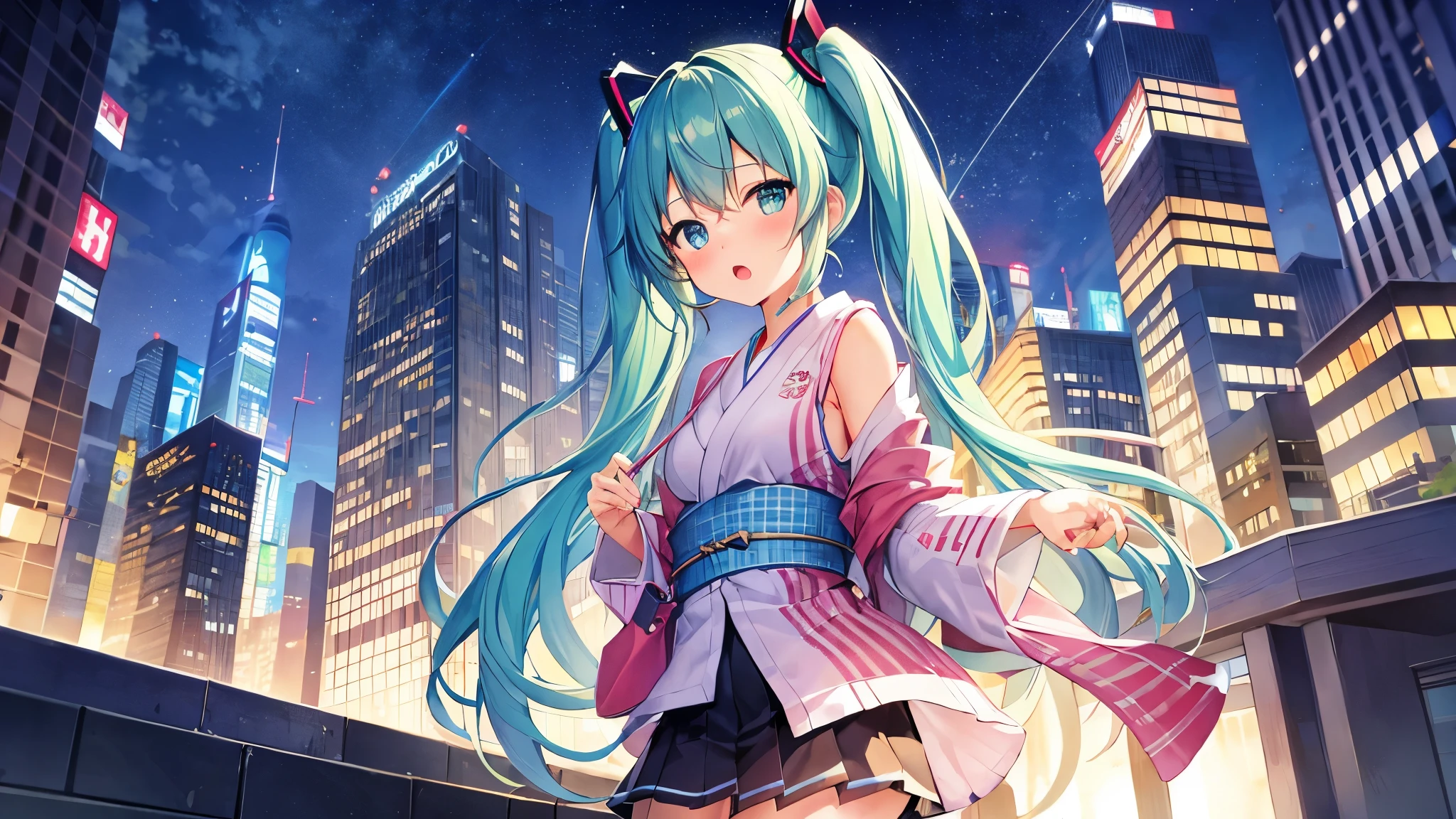 masterpiece、Top image quality、超A high resolution、miku hatsune、blue hairs、Twin-tailed、Blushing、mock、open your mouth just a little、casual clothes、casual kyscraper、japan、night time