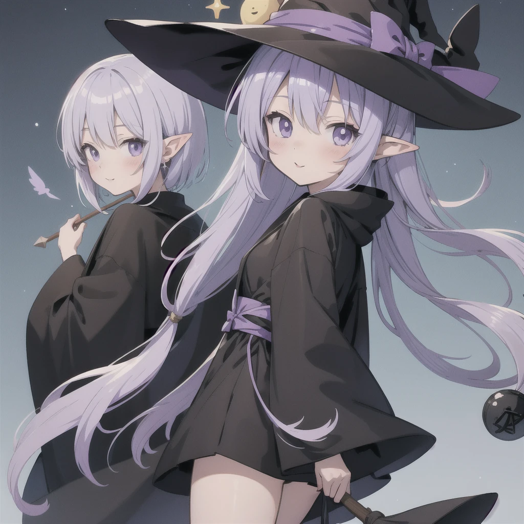 anime girl long purple hair wearing a black Robe. she has pointy ears. Witch Hat. Manga kawaii. iridescent ,An illustration, 0ne person .look back