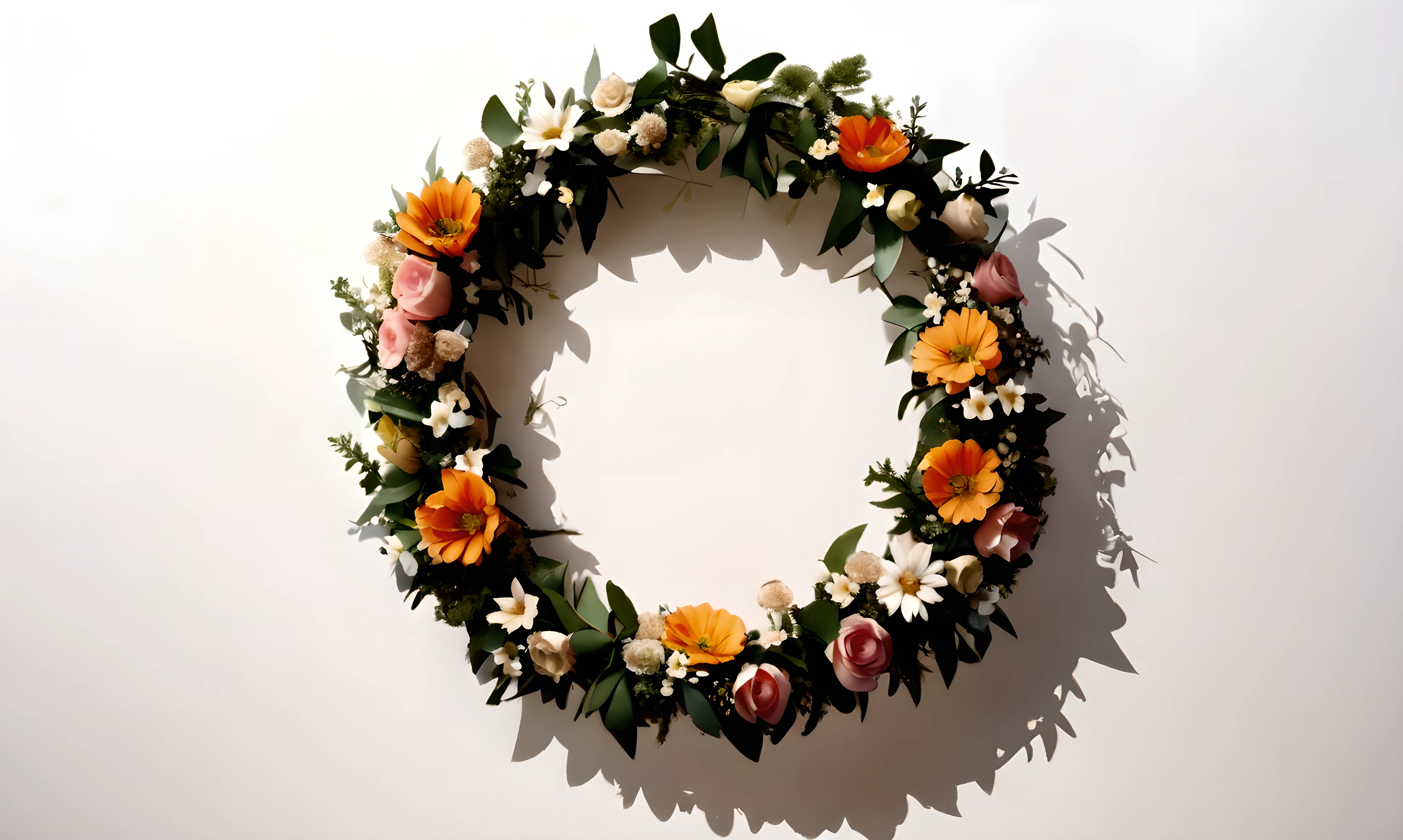 White background,a wreath, Made of flowers, Perfect minimalist composition, , elegant composition, Beautiful composition 3-d 4k, Background still life photo