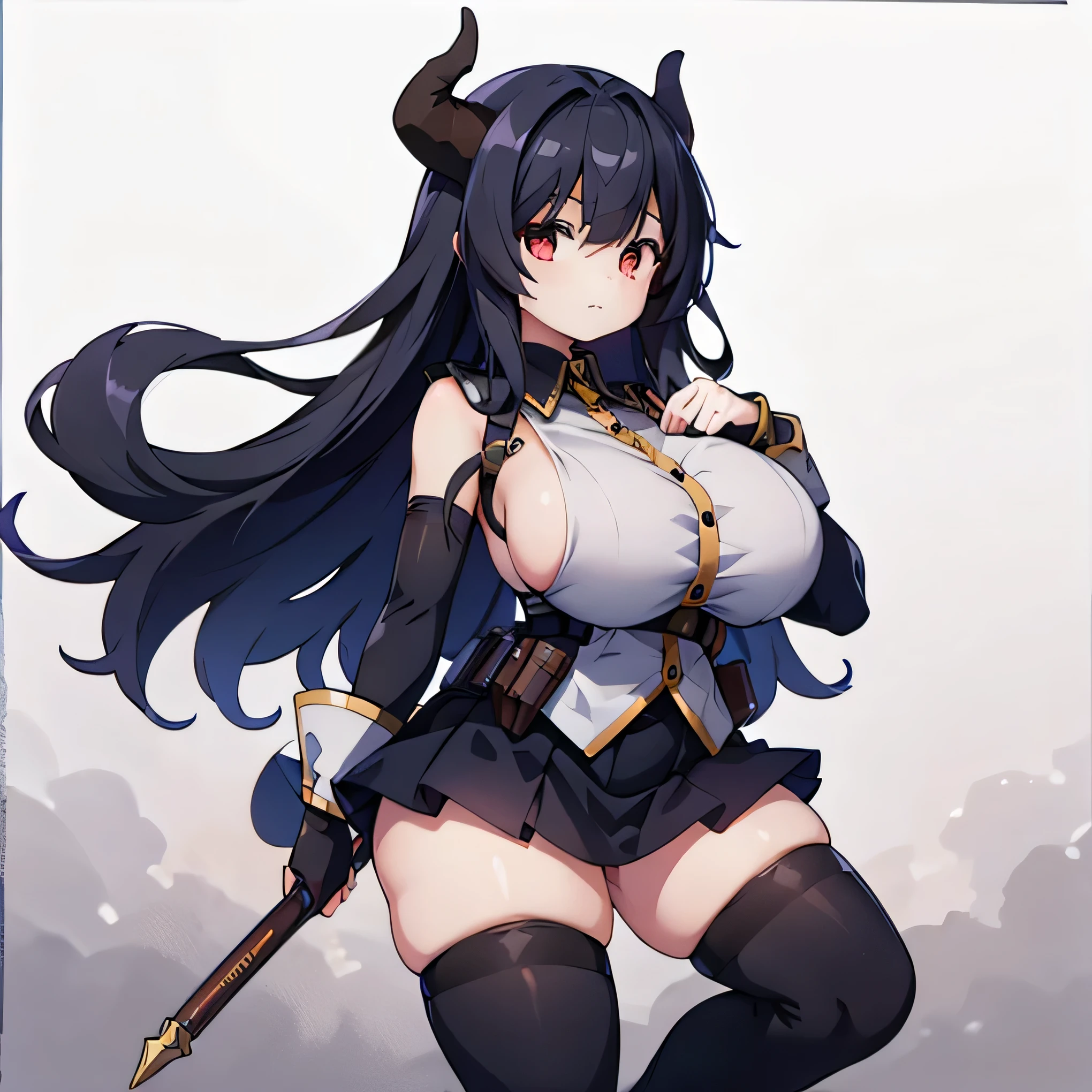 Highest quality, 1girl, solo, horns, huge breasts, thick thighs, black hair, red eyes black uniform, black long skirt, black elbow gloves, thigh highs