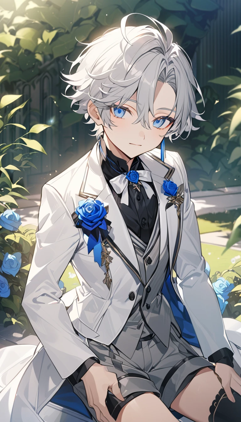 Handsome,very beautiful,1 little boy,young,alone,white short hair,blue eyes,black shirt,Luxurious white blazer,((Gray suit shorts)),black garters,((blue Rose)),White satin ribbon clothing decoration,Exquisite clothing details,Calm expression,Holy,Goethe-style,garden