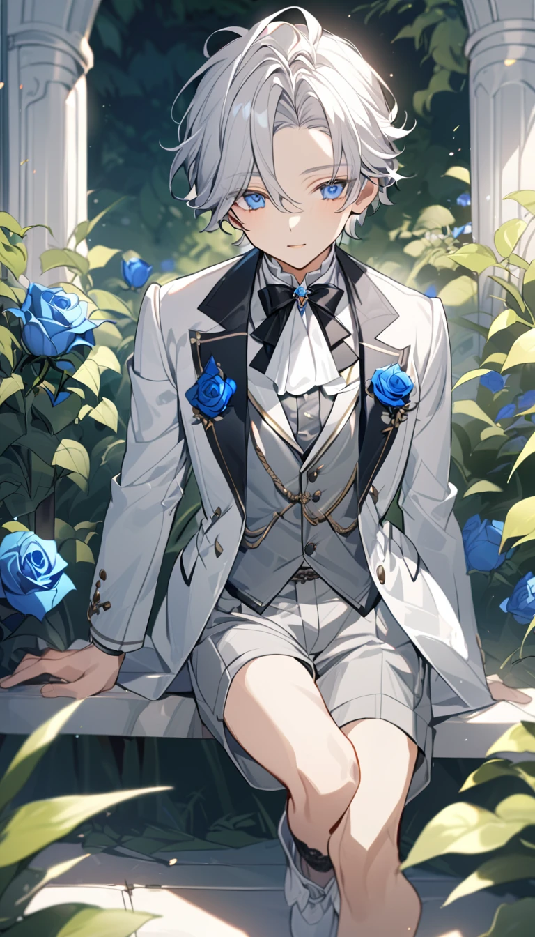 Handsome,very beautiful,1 little boy,young,alone,white short hair,blue eyes,black shirt,Luxurious white blazer,((Gray suit shorts)),black garters,((blue Rose)),White satin ribbon clothing decoration,Exquisite clothing details,Calm expression,Holy,Goethe-style,garden