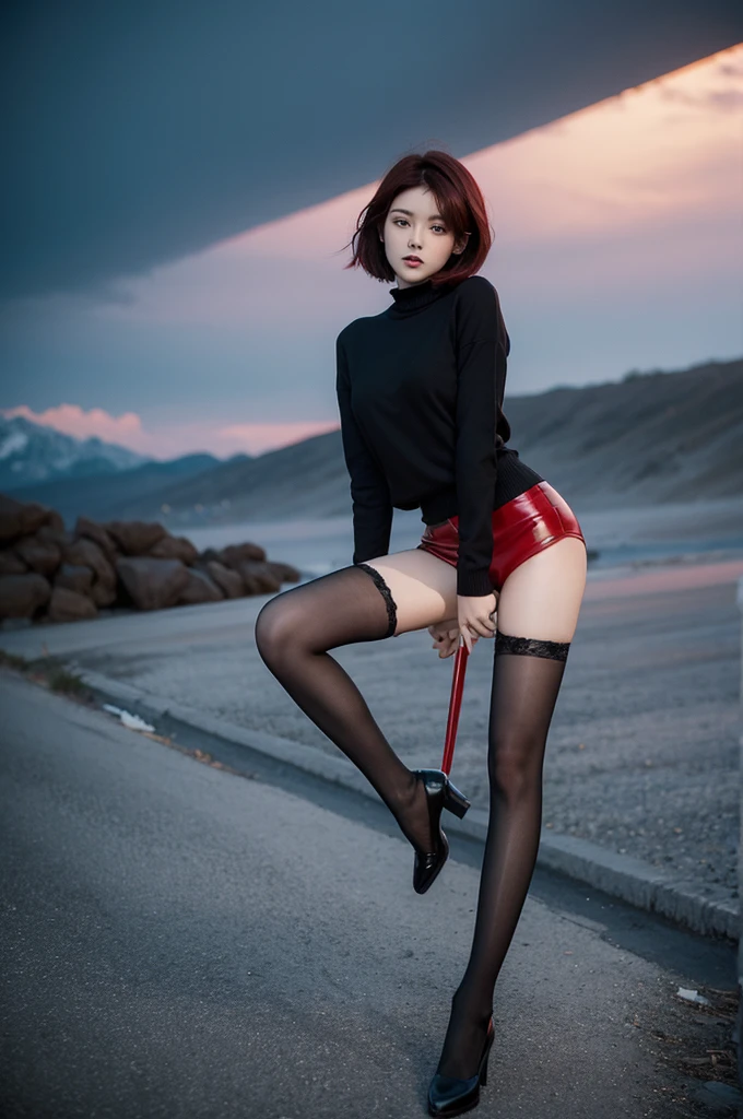Two-dimensional beautiful girl,Short black and red hair,Cold,17 years old,Long legs ripped black stockings,Red magic weapon,Exquisite