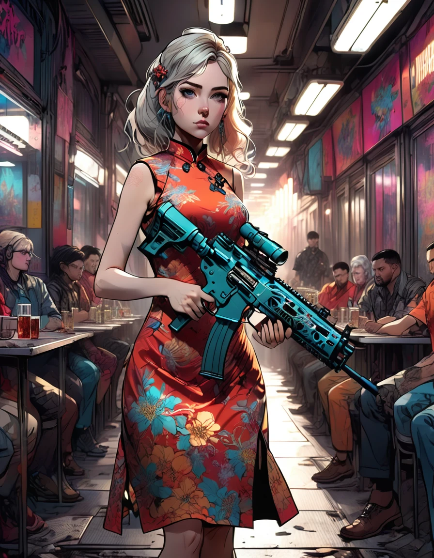 Young beautiful woman_Focused,Big breasts_Big Ass_Robot with long flowing hair((Tight cheongsam dress:1.9)),(Rapid Fire Assault Rifle:1.7),(motion blur effect:1.5),Chaos in the casino,crazy,destroy,(Best quality,4K,8K,high resolution,masterpiece:1.2),Ultra Detailed,(reality,reality感,reality感:1.37),Detailed facial features,Intricate clothing patterns,Striking pose,Dramatic lighting,Film composition,Vibrant colors,And the dystopian atmosphere,assault rifle