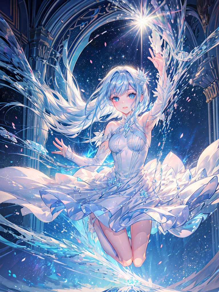One beautiful woman、beautiful、Jumping off、Hands raised up、Bend your knees、Transparent light blue hair、Crystal-like hair、Blue eyes that shine like jewels、The wind is blowing、Flowing Hair、White Dress、From the top of the building、bright、Light of the sun、Highest quality、masterpiece、Super detailed、biologically correct