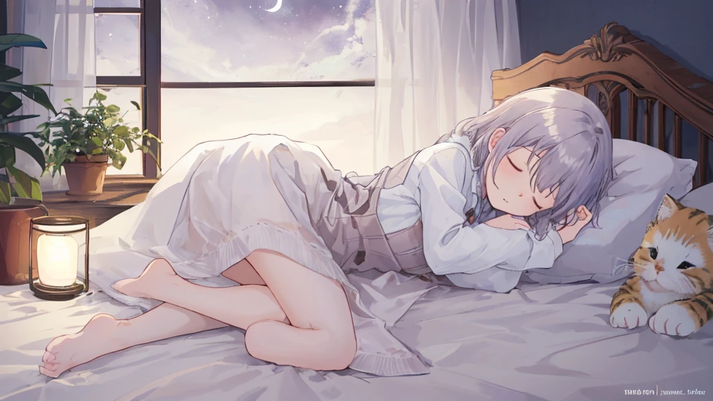 Lying on the bed)) ((Sleeping)) (Light in the moonlight, wearing cute pajamas, staring at the night sky through the window, silver hair
    girl close