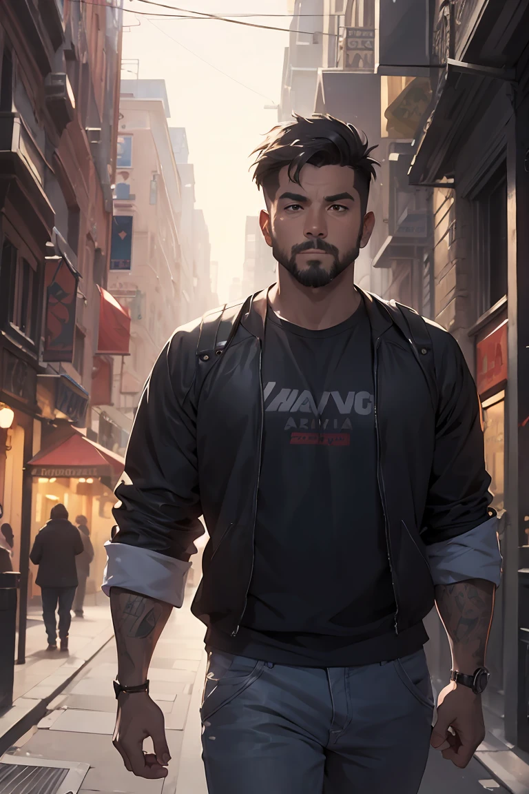 Best Quality, Masterpiece, super high resolution, detailed background, realism, illustrations, Single, 1 chico, street, muscle, volumetric lighting, depth of field, facial hair, coach