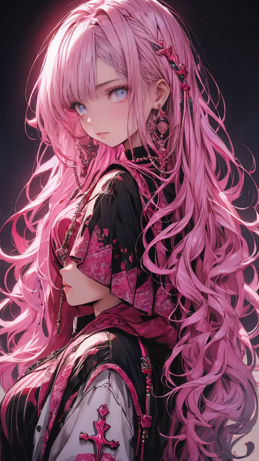 red stream, 1 Girl, alone,sleeping face、 Long Hair, Looking at the audience, Blue Eyes Background, White Background, jewelry, Mouth closed, Jacket, Upper Body, Pink Hair, Earrings, Pink Eyes, necklace, From the side, sweater, lips, eyelash, Compensate, Wavy Hair, Earrings, cross, lipstick, ear Earrings, eye shadow, hoop Earrings, pink lips, Variegated eyes, Pink Theme, , pink eye shadow,