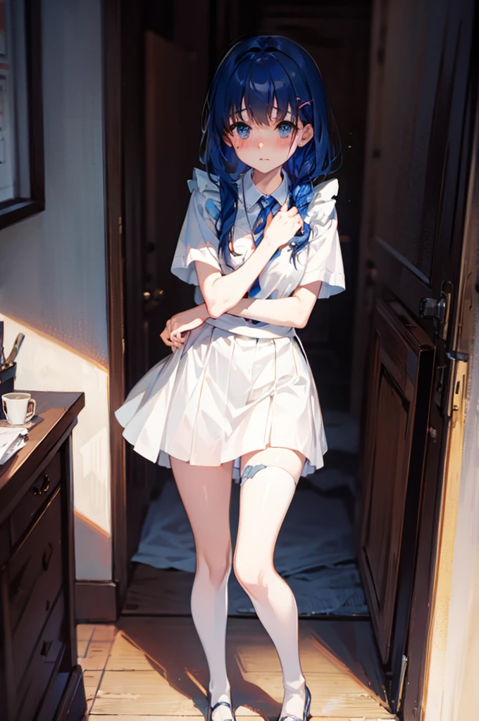 M-shaped legs、Maid clothes、、Lift up your skirt、M-shaped legs、、Showing panties、Blushing、I can see her panties、Pull up your skirt、Blushing、Blue Hair