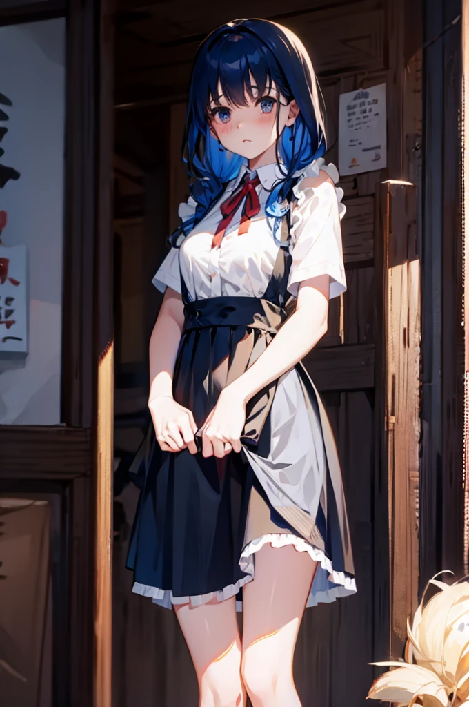 M-shaped legs、Maid clothes、、Lift up your skirt、M-shaped legs、、Showing panties、Blushing、I can see her panties、Pull up your skirt、Blushing、Blue Hair