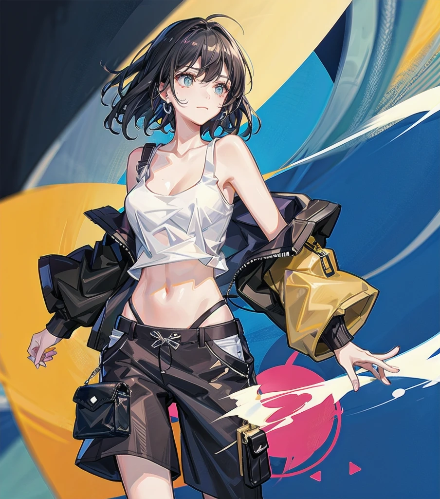whole body, solo, alone, delicate facial features, medium tits, medium hair, black hair, tearful mole, earring, tank top shirt, cargo pants, shorts, street,