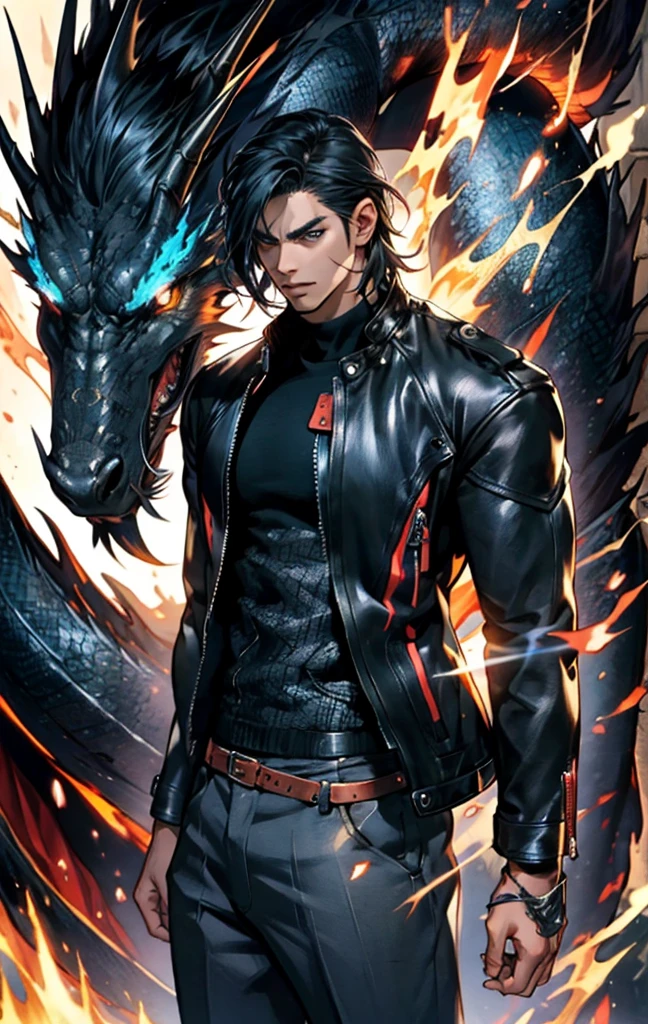 Young man, dark blue short hair, long bangs, covering half the face, keen eyes, long scar on face, expression of dissatisfaction, fantasy leather jacket over a dark tank, trousers, matching the outfit, black fire swirls around, a formidable dragon is depicted in the background, formed by black flame, this character embodies a finely crafted fantasy realist anime style., sophisticated and mature manga+Comics style, A high resolution, Best quality, A high resolution, ultra detailed, ultra fine painting, extremely delicate, professional, anatomically correct, symmetrical face, extremely detailed eyes and face, High quality eyes, creativity, Raw photo, uhd, 8 k, Natural light, Cinematic lighting, masterpiece-anatomy-perfect, masterpiece:1.5