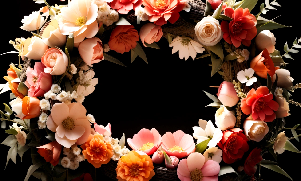 White background,a wreath, Made of flowers, Perfect minimalist composition, , elegant composition, Beautiful composition 3-d 4k, Background still life photo