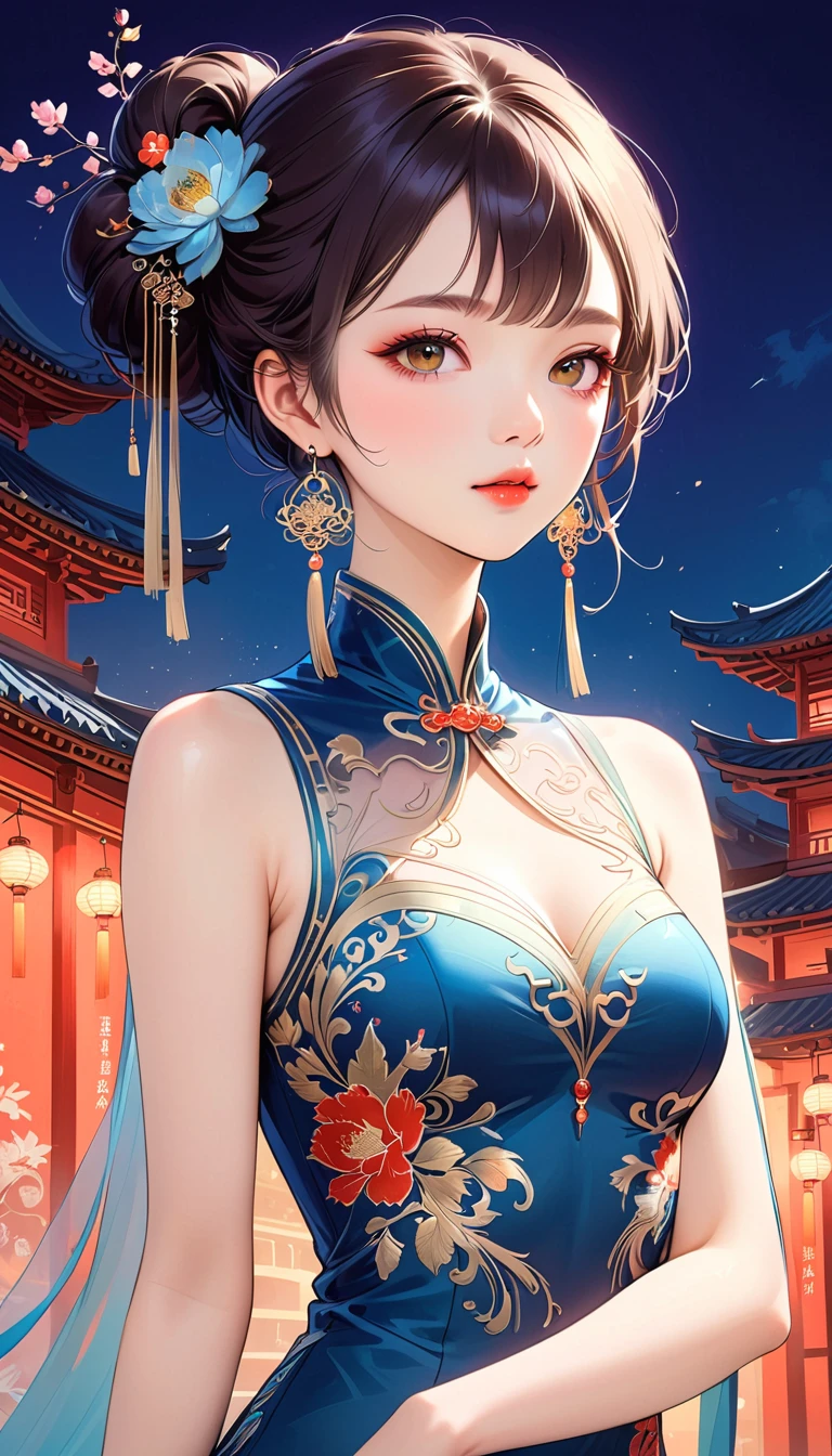 Chinese cheongsam sexy,illustration,High-end fashion,Beautiful and delicate eyes,Beautiful and delicate lips,Long eyelashes,Exquisite makeup,Vibrant colors,posture,Attractive background,Stylized Lighting,editing style,Chinese cultural elements,Exquisite embroidery,Detailed pattern,Modern transformation,Feminine charm,complicated,Futuristic,Chic hairstyle,Beautiful accessories,Tempting,Wearing stylish high heels,Luxurious fabrics,Beautiful movements,Confident expression,Ethereal atmosphere,Colorful composition,Impeccable attention to detail,Modern elegance,Expressive eyes,Dramatic Lighting,Seamless Integration,Artistic talent,Rich texture,Perfect fashion sense,Colored lights,Sentimental atmosphere,A bold fashion statement,Stylish composition