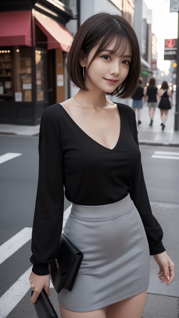 ((masterpiece))、((best quality))、photo、Reality、High level of image quality、Very detailed、Married woman、40 years old、（Full body）、Beautiful、short hair、Reality的背景和配件、Full breasts、Sexy smile、Street corner、Strolling around town，Look straight ahead、Tight knit skirt、Black deep V-neck shirt、Deep Shadows、Wide Angle、night、
