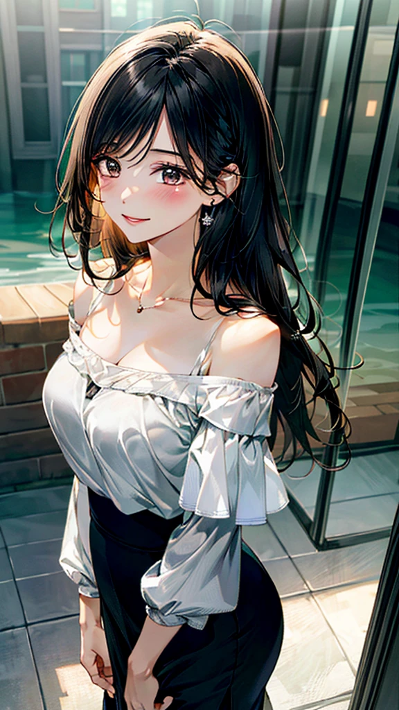 (masterpiece:1.3, Highest quality, Ultra-high resolution:1.2, Super detailed、8K), (Realistic, photoRealistic:1.4), Beautiful illustrations, Perfect lighting, colorful, Depth of written boundary, Beautiful detailed hair, Beautifully detailed face, Beautiful fine details, Droopy eyes、Beautiful clavicle, Beautiful body, 美しいLarge Breasts, Beautiful thighs, Beautiful feet, Beautiful fingers, View Viewer、Front view:0.6, Beauty1人, Japanese, Beauty、30 years old, Perfect Face, (Perfect Anatomy, Anatomically correct), Cute and symmetrical face, Baby Face, , Shiny skin,(White off-the-shoulder blouse:1.4), (Long skirt:1.3) 、(pumps:1.3)、(Black Hair, Medium Straight Hair:1.4), braided bangs、Dark brown eyes, (Large Breasts, Slim body), necklace, Small earrings:1.1, (Beautiful views), (noon), museum、Looking at the picture、 A soft smile、(Smile, Lips parted),