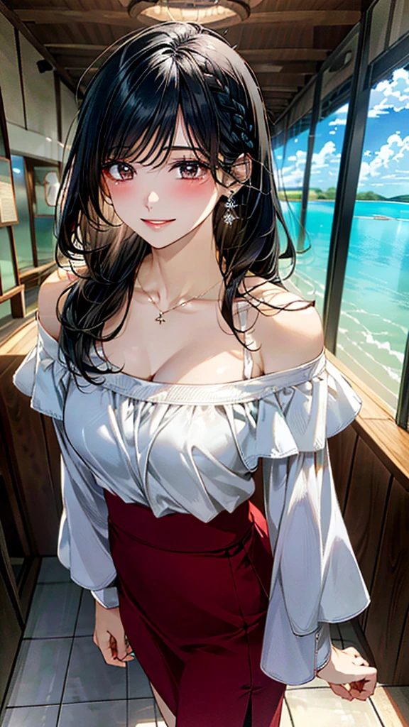 (masterpiece:1.3, Highest quality, Ultra-high resolution:1.2, Super detailed、8K), (Realistic, photoRealistic:1.4), Beautiful illustrations, Perfect lighting, colorful, Depth of written boundary, Beautiful detailed hair, Beautifully detailed face, Beautiful fine details, Droopy eyes、Beautiful clavicle, Beautiful body, 美しいLarge Breasts, Beautiful thighs, Beautiful feet, Beautiful fingers, View Viewer、Front view:0.6, Beauty1人, Japanese, Beauty、30 years old, Perfect Face, (Perfect Anatomy, Anatomically correct), Cute and symmetrical face, Baby Face, , Shiny skin,(White off-the-shoulder blouse:1.4), (Long skirt:1.3) 、(pumps:1.3)、(Black Hair, Medium Straight Hair:1.4), braided bangs、Dark brown eyes, (Large Breasts, Slim body), necklace, Small earrings:1.1, (Beautiful views), (noon), museum、Looking at the picture、 A soft smile、(Smile, Lips parted),