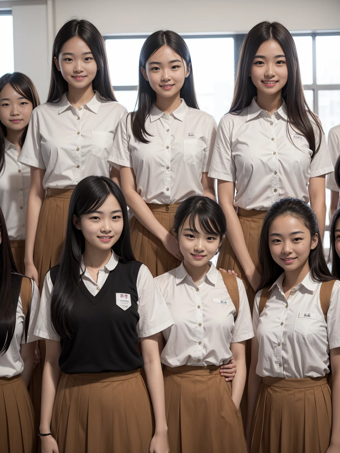 A group of 10 female students standing in a row、smile、Women's dormitory、Jersey、slender、Are thin、Blonde、Brown Hair、Black Hair、Huge boobs、Cleavage、Daytime、String Panties Thighs Thighs、Spread your legs wide、Short sleeve white shirt、Sexy、adultery、Amorous、Nipples