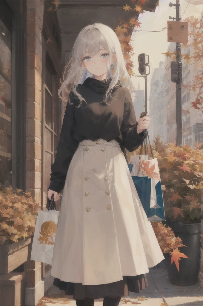 art by Cornflower, dreamy,
(1 girl, faint smile, autumn, autumn fashion, warm colors, shopping, detailed background)