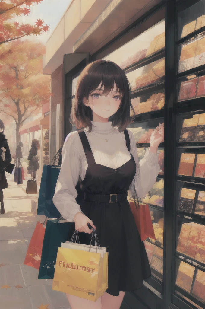 art by Cornflower, dreamy,
(1 girl, faint smile, autumn, autumn fashion, warm colors, shopping, detailed background)  