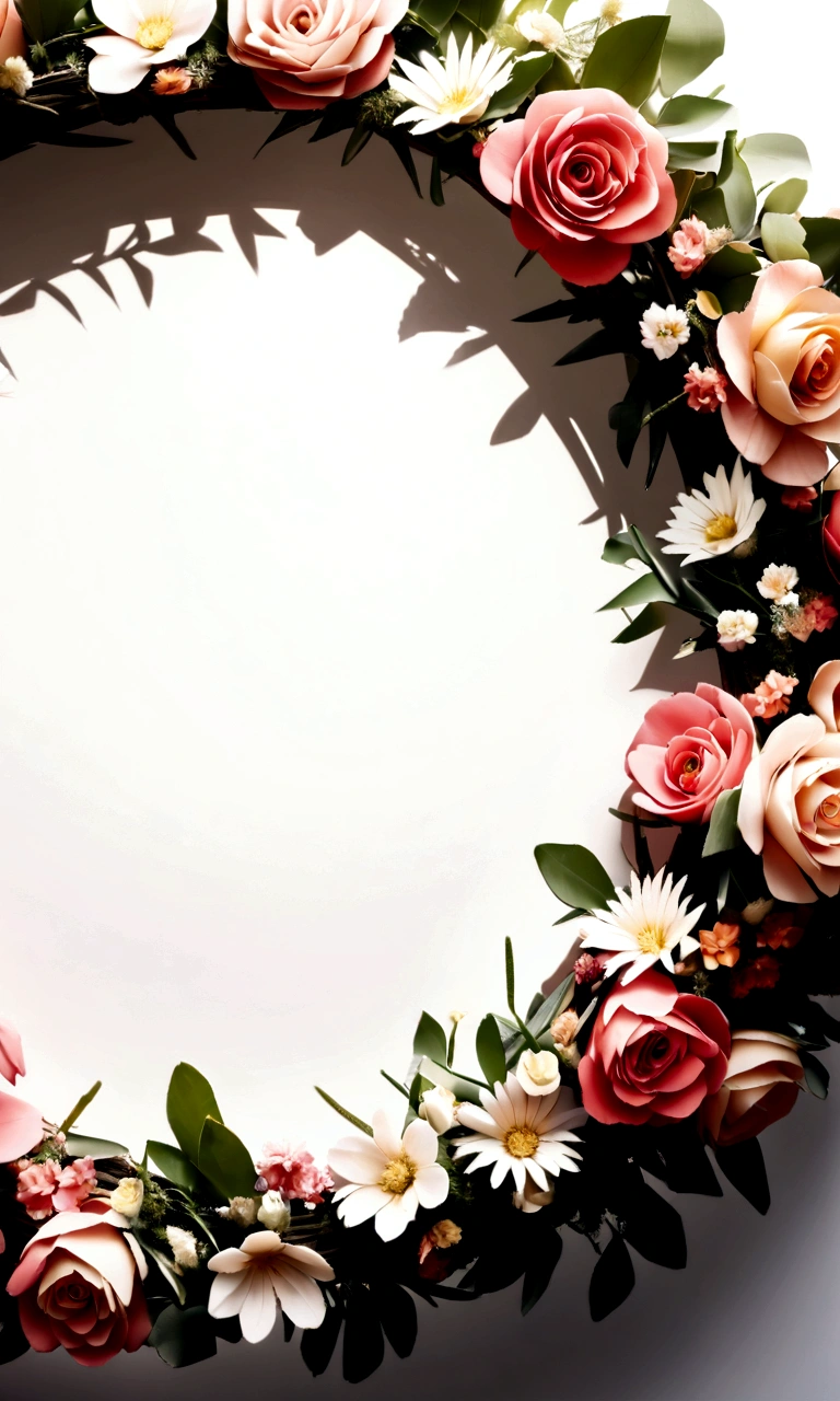 White background,a wreath, Made of flowers, Perfect minimalist composition, , elegant composition, Beautiful composition 3-d 4k, Background still life photo