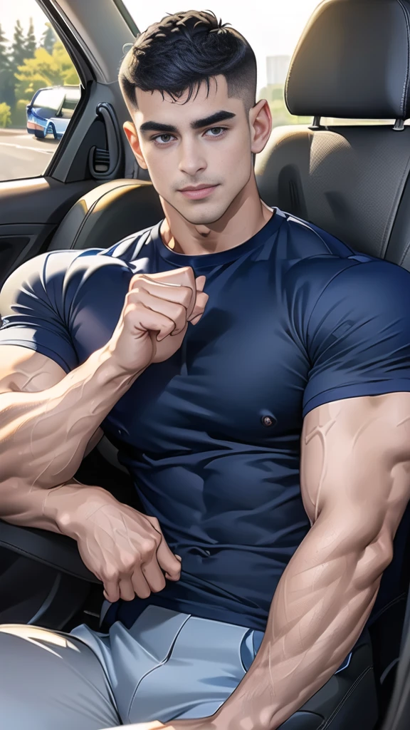 (Create a masterpiece: 1.2),(CGI art:1.3),(realistic:1.5),(After processing:1.3),(Sharp focus:1.3), 1 man holds the steering wheel of a car ,(crew cut short hair:1.8),black eye, smile, (Wear color navy round neck T-shirt with a Police badge: 1.3), Navy blue jeans, Korean guy , korean men, (High gloss details), chest muscles, large arm muscles, blood vessel, Big muscles, Broad shoulders, looking at the audience, Balancing the eyes, middle of the road, (drive a car: 1.5), (in the car: 1.3), , middle of the road