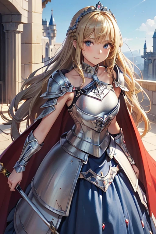 #Basics A girl is posing for a photo, animeのかわいい女の子, (((One Girl, , Young girs old))),
Bhing Accessories
((Silver and Blue)Quinceañera(Long skirt dress)Armor of:1.6) + (Red gemstone embedded(Silver and Blue)Breastplate:1.6), (Black Gauntlet:1.6), (Red cape with shoulder pads:1.6), (Silver and Blue)Combat Boots:1.4), (Has a big sword:1.4),
((Luxury Silver Bracelets, large silver necklace, Silver Tiara)),
BREAK
#Features
(((Blonde:1.6)), Bangs that expose the forehead:1.4, Chest-length sideburns:1.4 + Curly hair:1.4, (Long Hair : Long Hair + Curly Hair + Curled up + Plump and voluminous + very thick hair + Large black ribbon)),
(Droopy eyes,blue eyes), (Small breasts),
BREAK
#expression
(smile, 嬉しそうなexpression),
#background environment
((noon, Sunshine + Castles in a fantasy world:1.4, Walking)),
#composition
((To the camera:1.4, Cowboy Shot:1.4)),
BREAK
#Body parts elements
(Detailed hair, Beautiful Hair, Shiny Hair),
(double eyelid, Long eyelashes),
(Expression of fine eyes, Beautiful and delicate eyes, Sparkling eyes, Eye Reflexes),
(Human Ear),
(Beautiful Nose, Thin Nose),
(Glossy lips, Beautiful Lips, Thick lips), (Symmetrical facial features),
(Detailed skin, Textured skin, Beautiful Skin),
BREAK
#Quality
(((Highest quality)), ((masterpiece)), ((Very detailed))), ((High resolution), (16K,1080P)),
(Realistic), (Anatomically correct),
((comics, anime)), (3DCG), CG illustration,