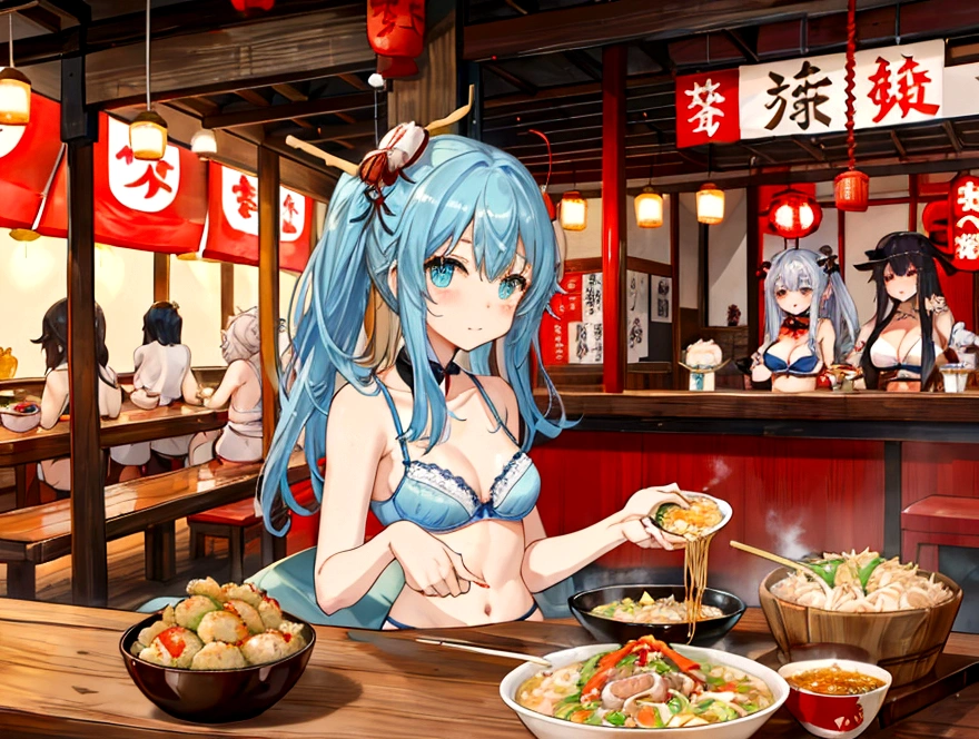 hamburger、Fried Shrimp、Deep fried oysters、ramen、dumpling、Shredded green pepper meat、Fried rice、steak、Japanese sake、Beer 、Three sisters in underwear eat heartily、A thin cute blue bra、Thin cute blue underwear