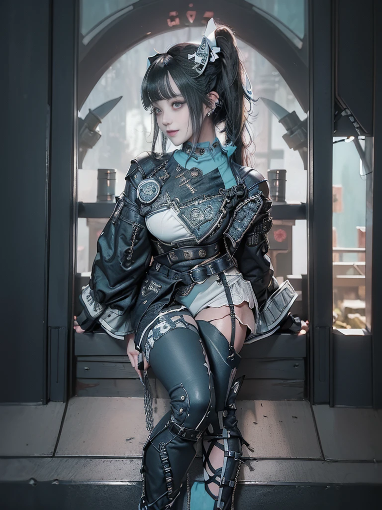 (Full body:1.5)、(Full Body View:1.5)、(Side view:1.3)、(Smiling with teeth showing:1.3),(Shibuya Gal:1.5)、(Maid café clerk:1.5)、(Punk RockVisual Kei:1.4)、(Turquoise, navy and denim medieval noble zip up:1.5)、(Navy and white arm covers and bugle pants:1.5)、(Blue high heels:1.3)、(Wearing silver accessories:1.5)、(Dark brown collar:1.4)、(Leather garter belt:1.4)、(Brown Skin Belt:1.3)、(Black lace underwear:1.5)、20-year-old、NSFW、((Highest quality、In 8K、masterpiece:1.3))、Sharp focus:1.2、(Layered Cut、Huge boobs:1.1),Beautiful woman with perfect figure:1.4、(Doing an aerobics pose:1.3)、Slender Abs:1.2、Highly detailed face and skin texture、Detailed eyes、double eyelid,(Twin tails:1.3)、(Black brown hair:1.3)、Gravure idol、(The background is a VIP room of a high-class cabaret club surrounded by roses on a sunny day outdoors.:1.3)、(Slim body:1.3),(Make your legs thinner:1.4),(Thin, thin thighs:1.3)、（clavicle:1.1）