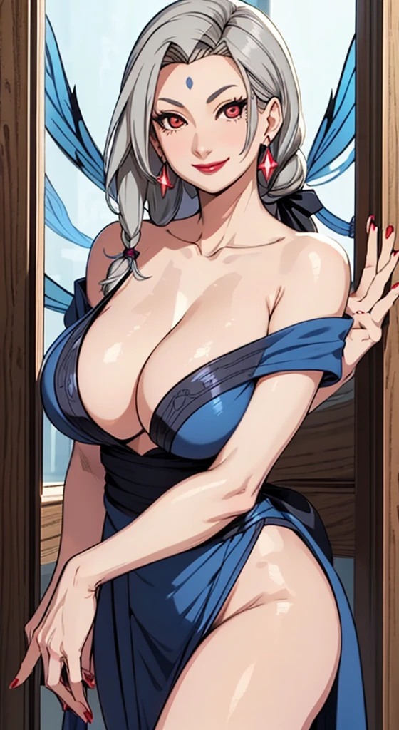 nari mature beautiful milf mom , mature body breasts , black hair , hair braid with blue ribbon,mature breasts,long silver butterfly chandelier earrings,red lipstick , smiling, detailed red alluring eyes, stocking,off shoulder dress