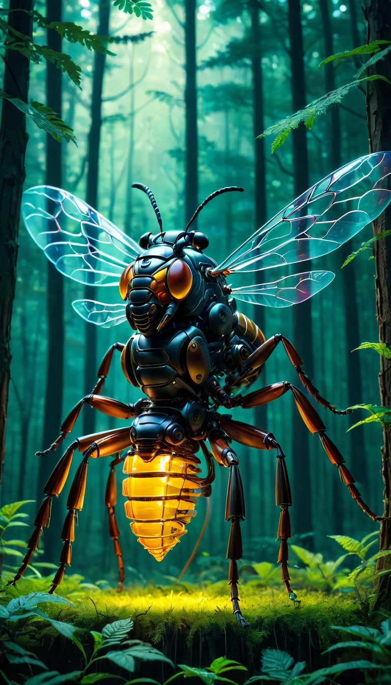 whole body, Against the background of the forest, The fusion of biology and machines, Transparent Mechanical Giant Hornet, Complex and precise internal structure, Glowing neon lamp