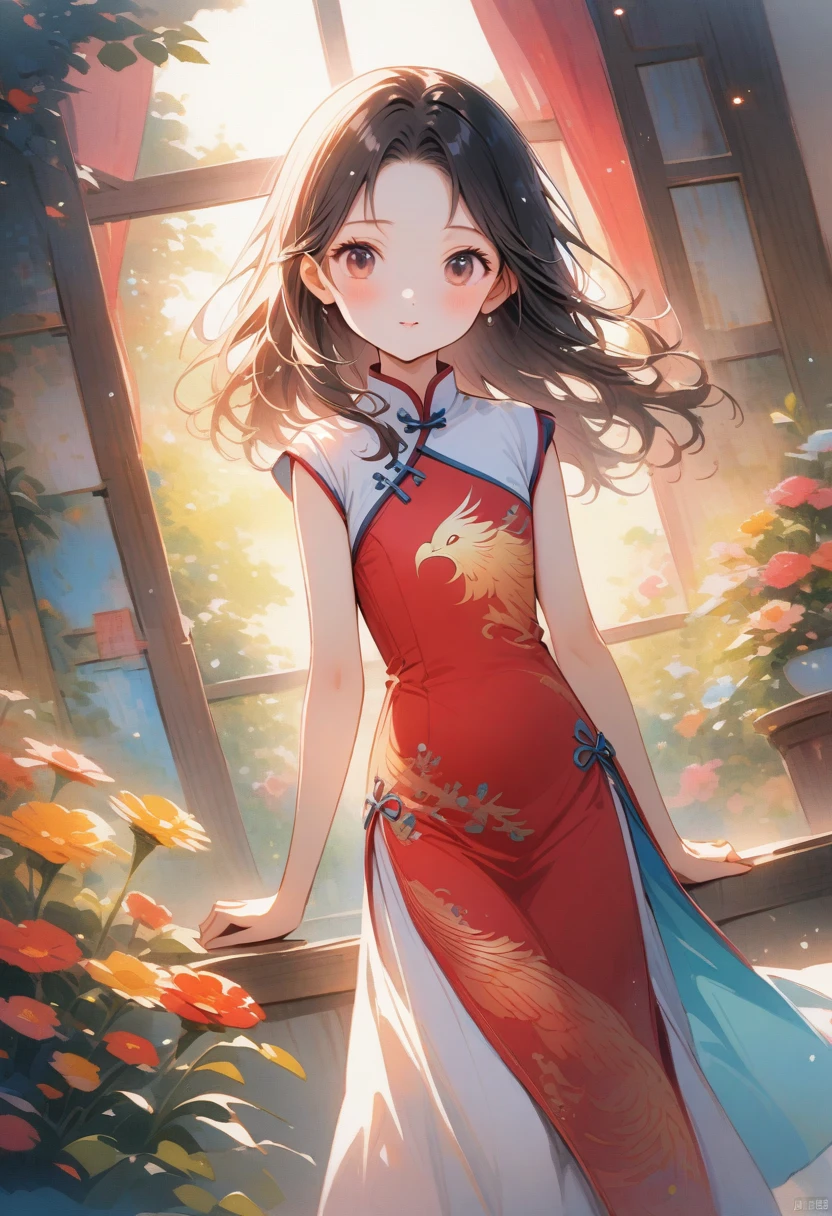 (masterpiece, best quality:1.2),Wavy hair woman，solitary,Exquisite eyes,Fine black hair，( Smooth skin:1.2)( Wear a cheongsam with a gorgeous phoenix pattern:1.2)， Slender body proportions，Gorgeous room（（Intricate details））