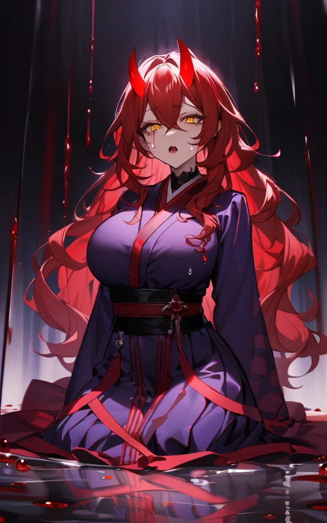 Red horns of a oni:1.2,(masterpiece)、(absurdres)、(ultra detailed),Crazy Eyes、despair、Dark Side、half-closed eyes,,Tears of Blood、Red tears、Blood droplets、darkness,Blood pool space、Blood dripping background:1.3、wariza,独奏,Tall woman:1.2、big breast:0.6、wavy hair:0.8、red long hair:1.1 、yellow eyes、hair between eyes、purple kimono、Touch your face with both hands、shouting sadness:1.3