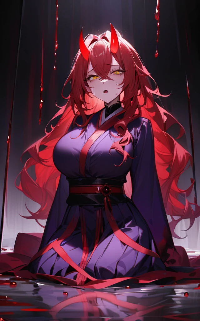 Red horns of a oni:1.2,(masterpiece)、(absurdres)、(ultra detailed),Crazy Eyes、despair、Dark Side、half-closed eyes,,Tears of Blood、Red tears、Blood droplets、darkness,Blood pool space、Blood dripping background:1.3、wariza,独奏,Tall woman:1.2、big breast:0.6、wavy hair:0.8、red long hair:1.1 、yellow eyes、hair between eyes、purple kimono、Touch your face with both hands、shouting sadness:1.3